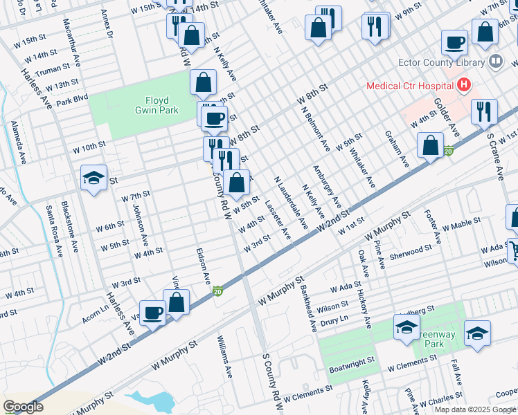 map of restaurants, bars, coffee shops, grocery stores, and more near 400 Elliott Avenue in Odessa