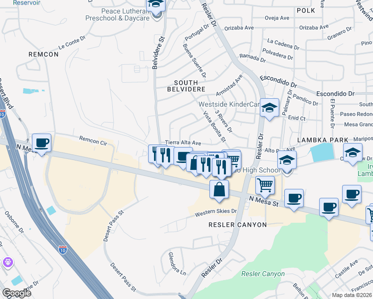 map of restaurants, bars, coffee shops, grocery stores, and more near 7360 Wind Song Dr in El Paso
