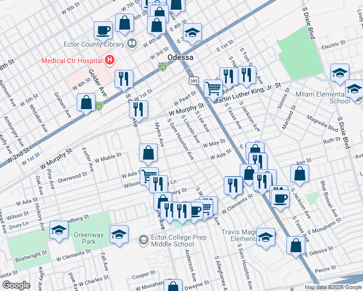 map of restaurants, bars, coffee shops, grocery stores, and more near 610 South Sam Houston Avenue in Odessa