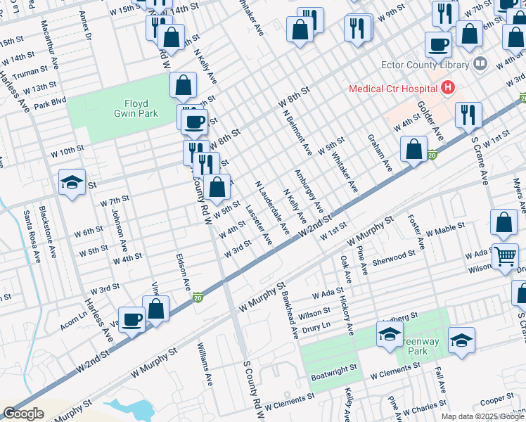 map of restaurants, bars, coffee shops, grocery stores, and more near 1650 West 4th Street in Odessa