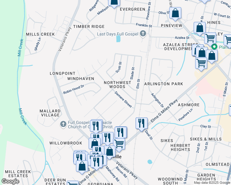 map of restaurants, bars, coffee shops, grocery stores, and more near 624 Demere Street in Hinesville