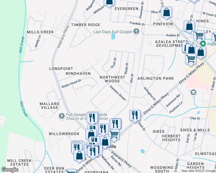 map of restaurants, bars, coffee shops, grocery stores, and more near 624 Demere Street in Hinesville