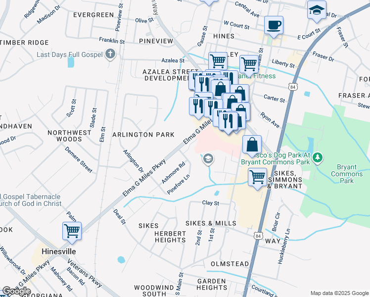 map of restaurants, bars, coffee shops, grocery stores, and more near 440 Elma G Miles Parkway in Hinesville