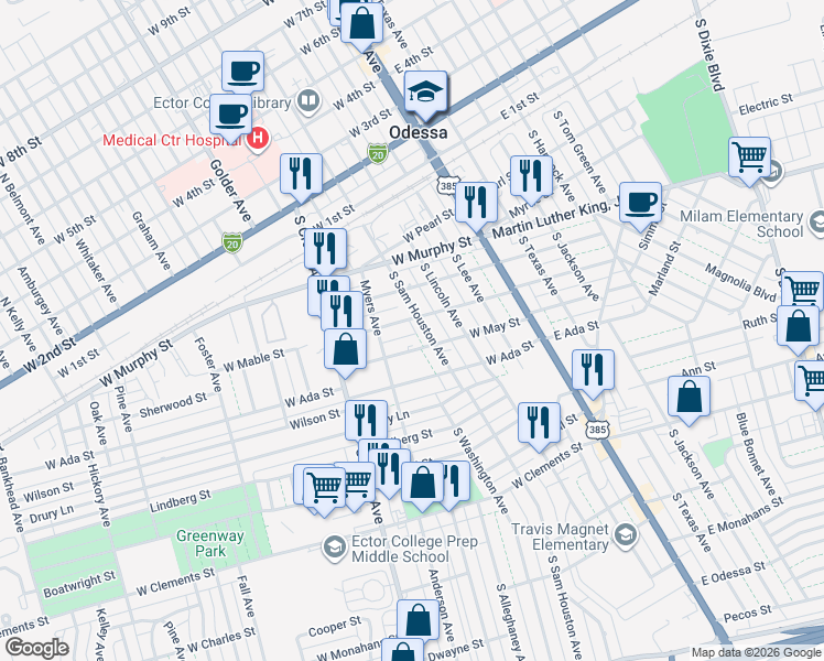 map of restaurants, bars, coffee shops, grocery stores, and more near 610 South Sam Houston Avenue in Odessa