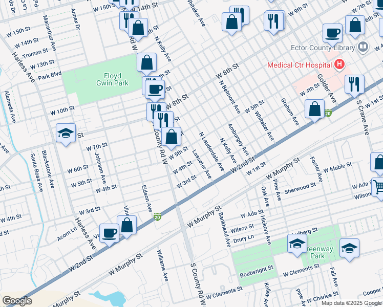 map of restaurants, bars, coffee shops, grocery stores, and more near 400 Elliott Avenue in Odessa