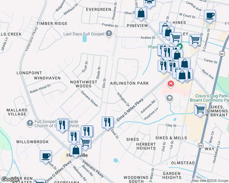 map of restaurants, bars, coffee shops, grocery stores, and more near 414 Arlington Drive in Hinesville