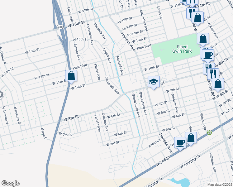 map of restaurants, bars, coffee shops, grocery stores, and more near 813 Coronado Avenue in Odessa