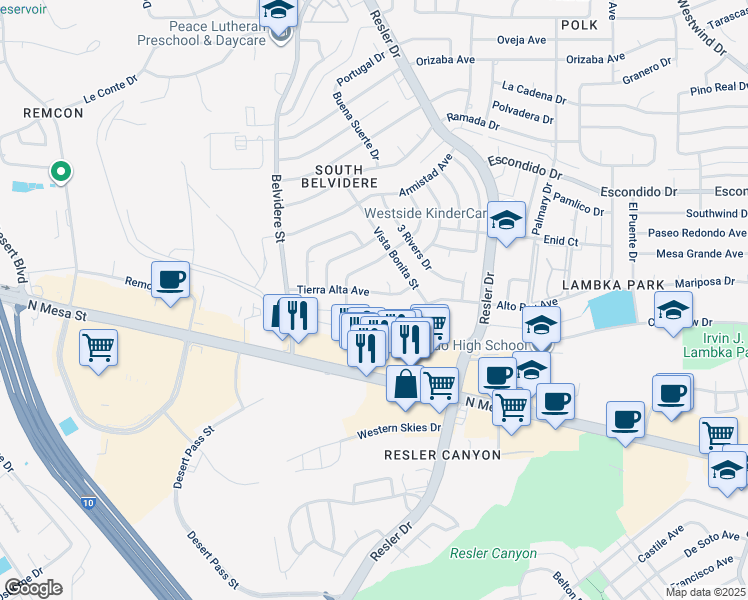 map of restaurants, bars, coffee shops, grocery stores, and more near 7201 Tierra Alta Ave in El Paso