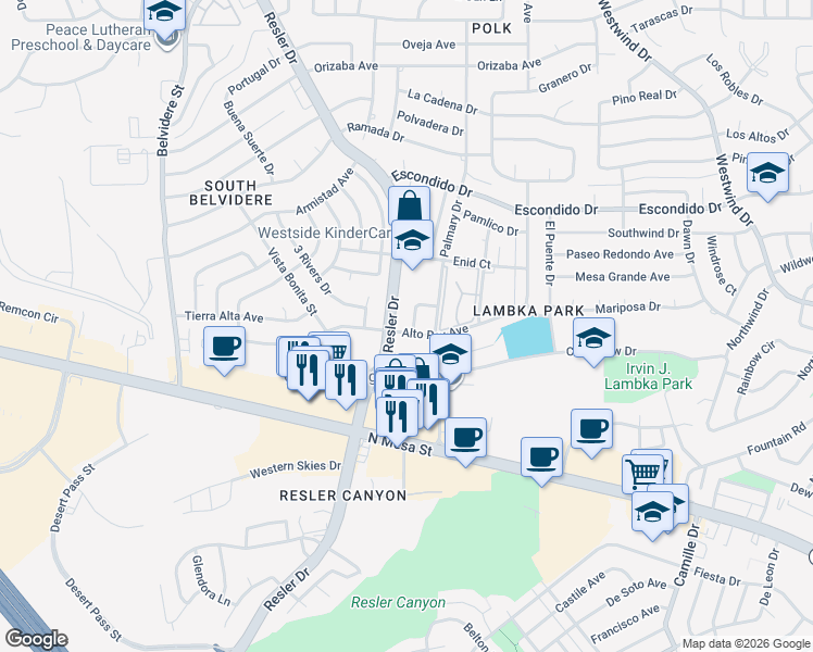 map of restaurants, bars, coffee shops, grocery stores, and more near 200 Moon River Street in El Paso