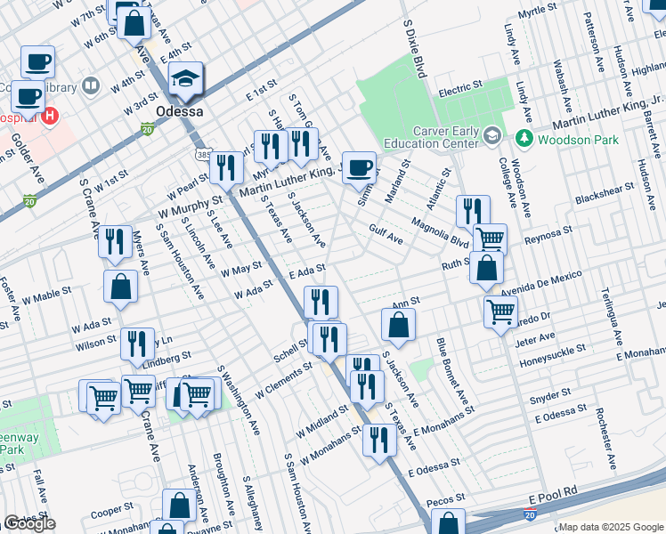 map of restaurants, bars, coffee shops, grocery stores, and more near 800-810 South Jackson Avenue in Odessa