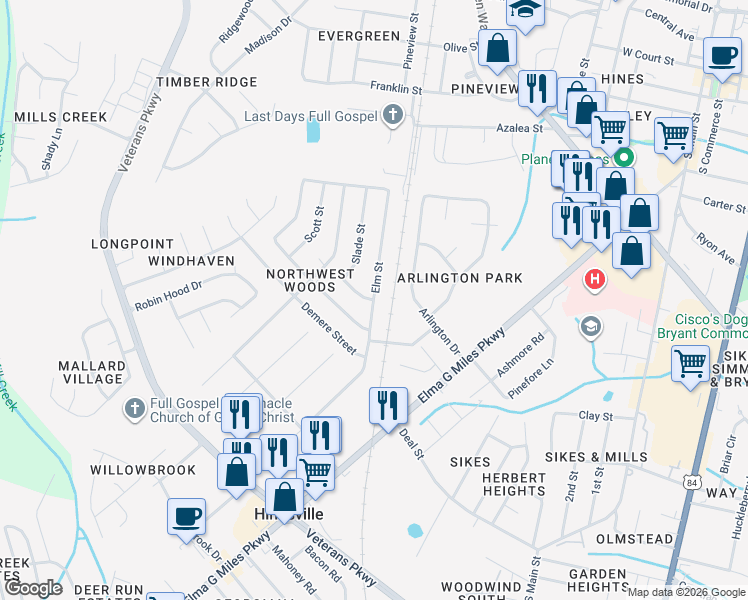 map of restaurants, bars, coffee shops, grocery stores, and more near 466 Elm Street in Hinesville
