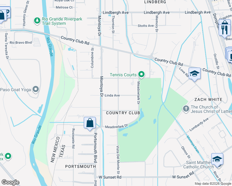 map of restaurants, bars, coffee shops, grocery stores, and more near 601 Linda Avenue in El Paso