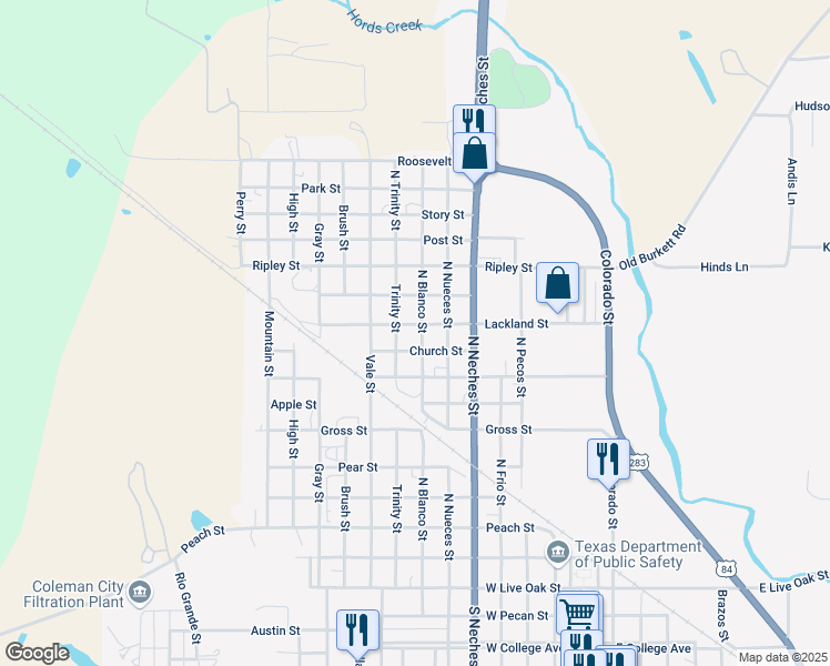 map of restaurants, bars, coffee shops, grocery stores, and more near 906 North Blanco Street in Coleman