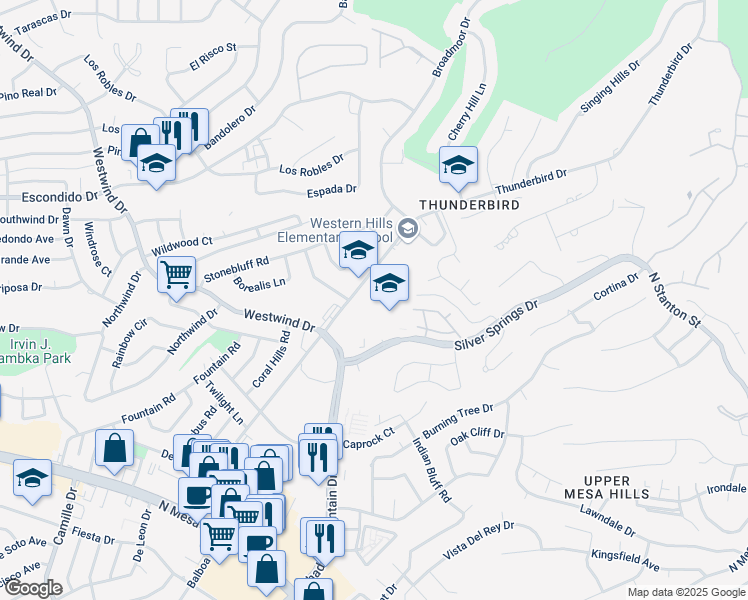 map of restaurants, bars, coffee shops, grocery stores, and more near 524 Thunderbird Drive in El Paso