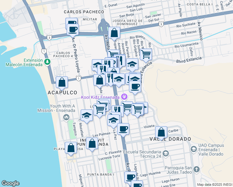 map of restaurants, bars, coffee shops, grocery stores, and more near 347 Boulevard Zertuche in Ensenada