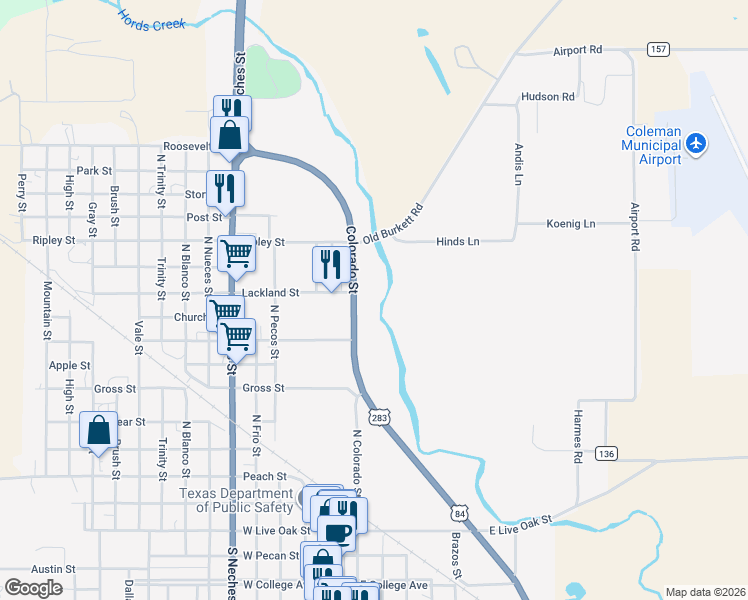 map of restaurants, bars, coffee shops, grocery stores, and more near 102 Lackland Street in Coleman