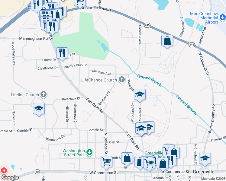 map of restaurants, bars, coffee shops, grocery stores, and more near 134 Boutwell Street in Greenville