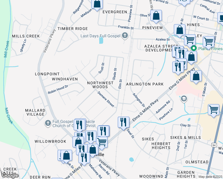map of restaurants, bars, coffee shops, grocery stores, and more near 606 Slade Street in Hinesville