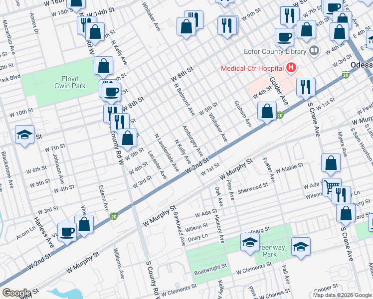 map of restaurants, bars, coffee shops, grocery stores, and more near 1435 West 3rd Street in Odessa