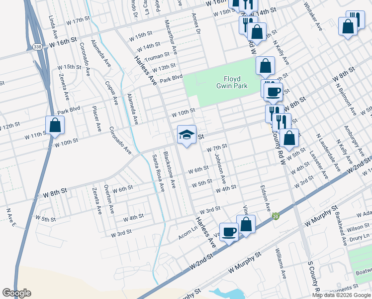 map of restaurants, bars, coffee shops, grocery stores, and more near 2401 West 8th Street in Odessa