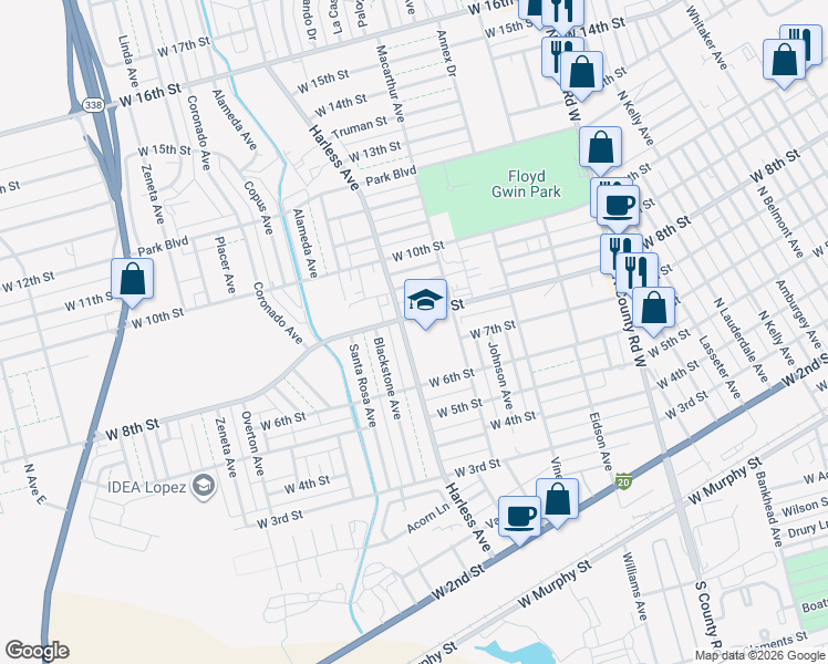 map of restaurants, bars, coffee shops, grocery stores, and more near 2401 West 8th Street in Odessa