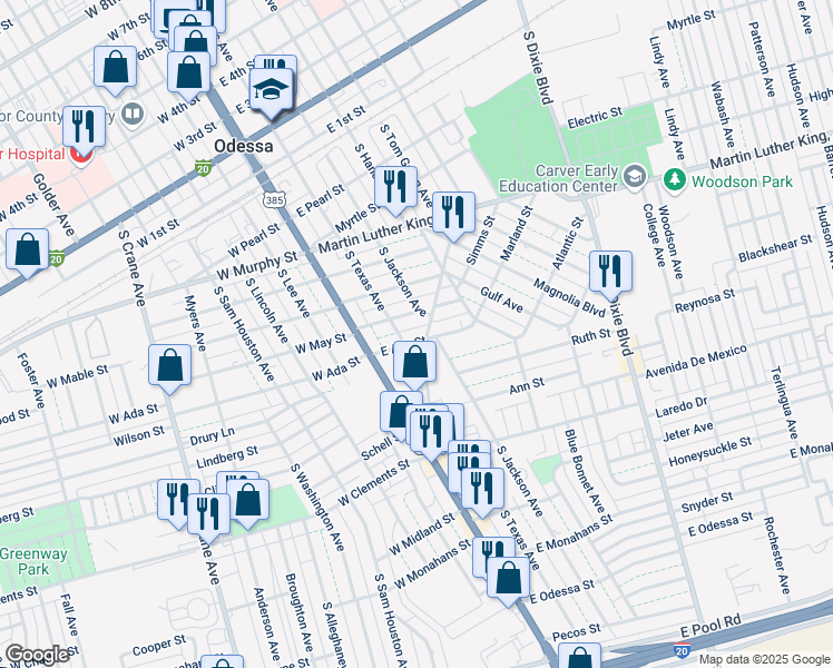 map of restaurants, bars, coffee shops, grocery stores, and more near 116 E Ada St in Odessa