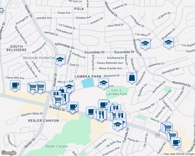 map of restaurants, bars, coffee shops, grocery stores, and more near 6728 Mariposa Drive in El Paso