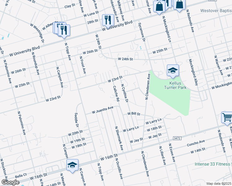 map of restaurants, bars, coffee shops, grocery stores, and more near Caliche Road in West Odessa
