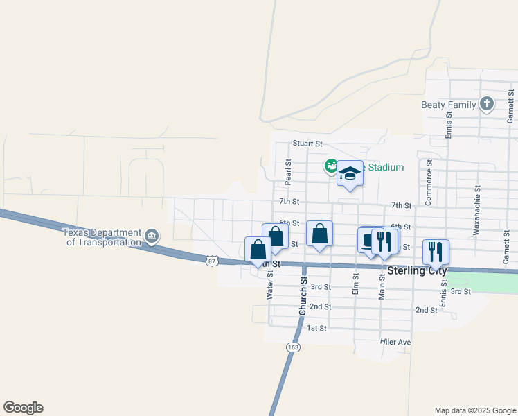 map of restaurants, bars, coffee shops, grocery stores, and more near 600-606 Colorado Street in Sterling City