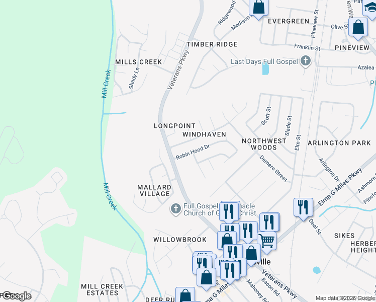 map of restaurants, bars, coffee shops, grocery stores, and more near 701 Little John Drive in Hinesville