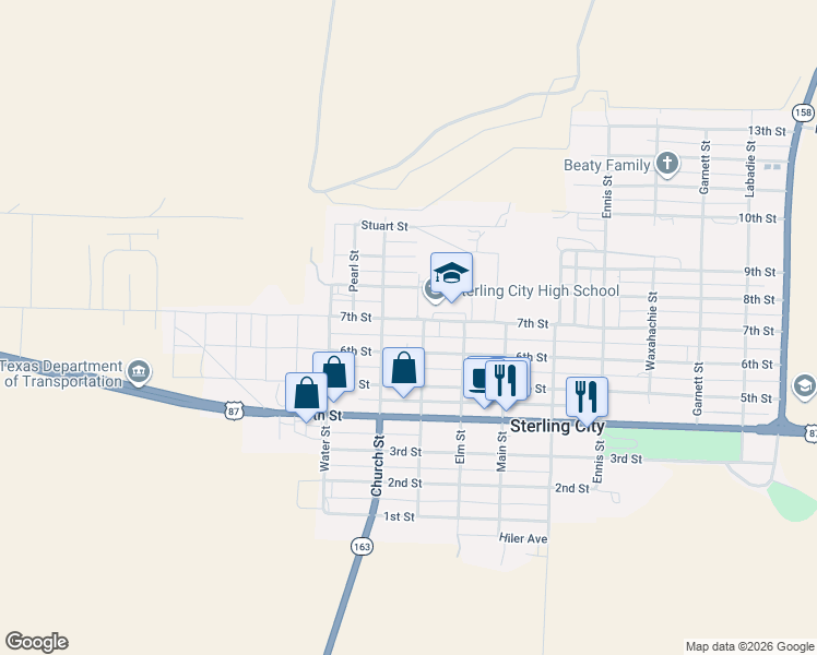 map of restaurants, bars, coffee shops, grocery stores, and more near 800-898 6th Street in Sterling City