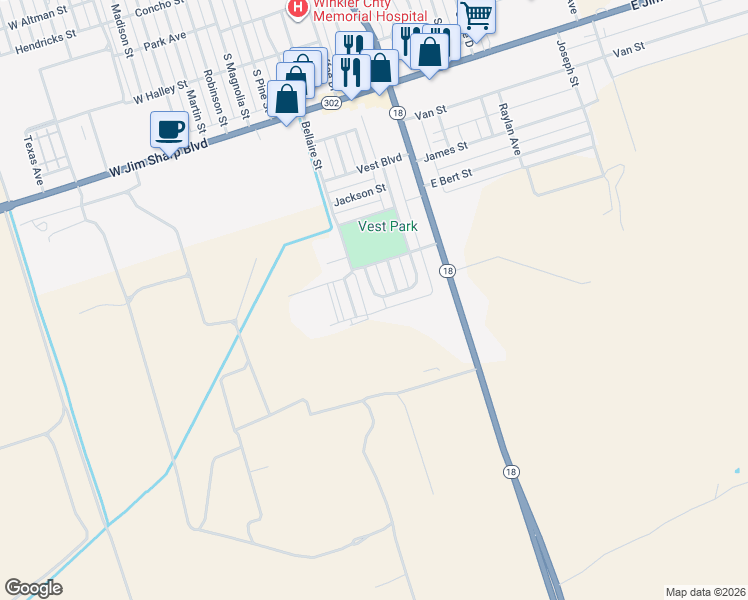 map of restaurants, bars, coffee shops, grocery stores, and more near 1507 Harrison Drive in Kermit