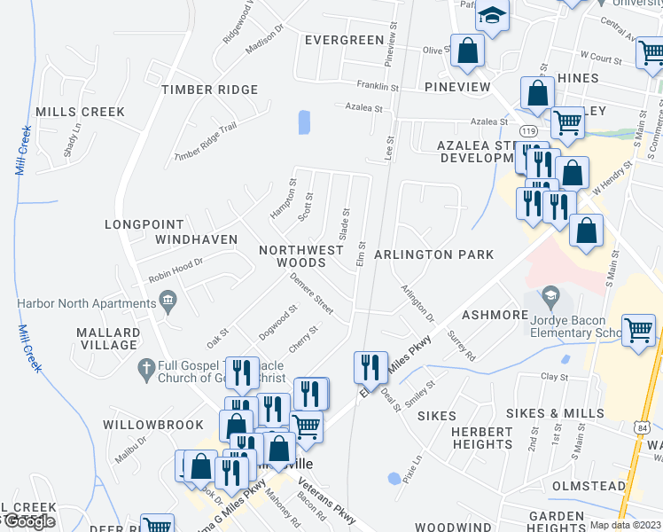 map of restaurants, bars, coffee shops, grocery stores, and more near 608 Slade Street in Hinesville