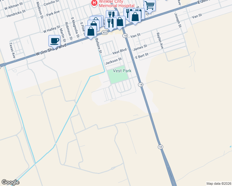 map of restaurants, bars, coffee shops, grocery stores, and more near 1507 Harrison Drive in Kermit