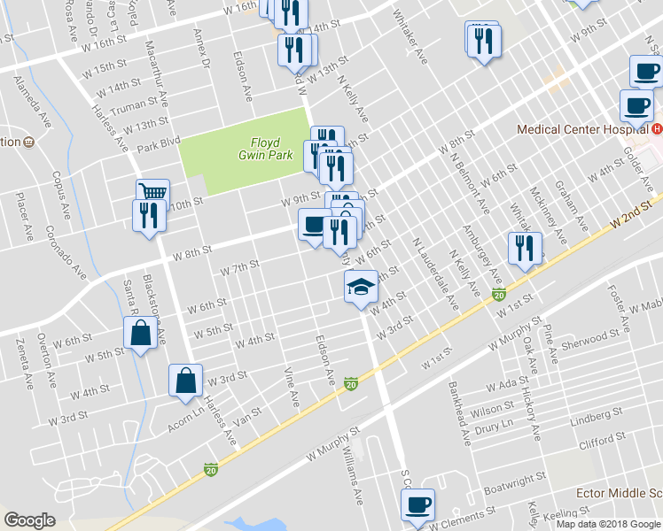map of restaurants, bars, coffee shops, grocery stores, and more near 2008 West 6th Street in Odessa