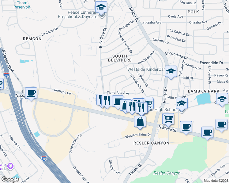 map of restaurants, bars, coffee shops, grocery stores, and more near 7360 Wind Song Drive in El Paso