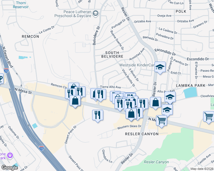 map of restaurants, bars, coffee shops, grocery stores, and more near 7360 Wind Song Drive in El Paso