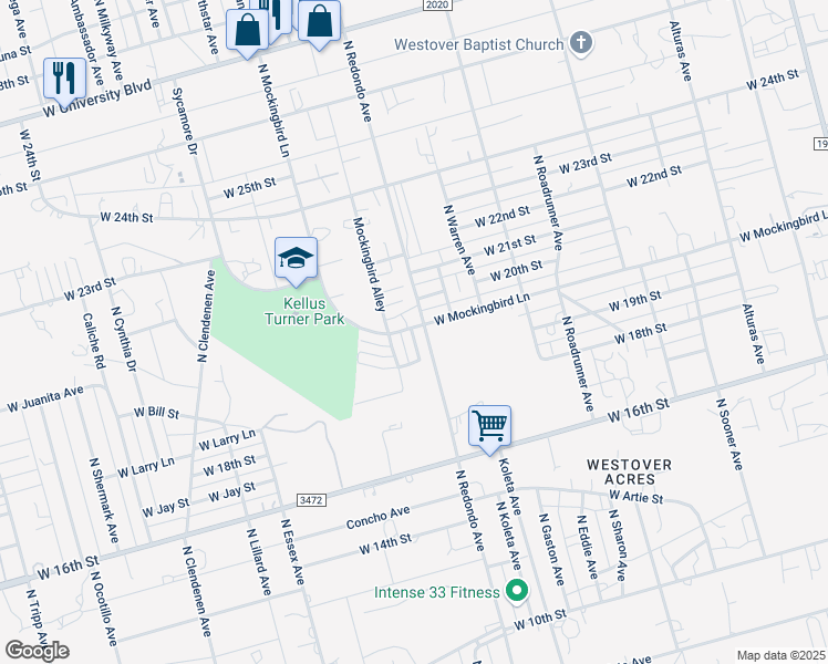 map of restaurants, bars, coffee shops, grocery stores, and more near 1933 North Mockingbird Lane in Odessa