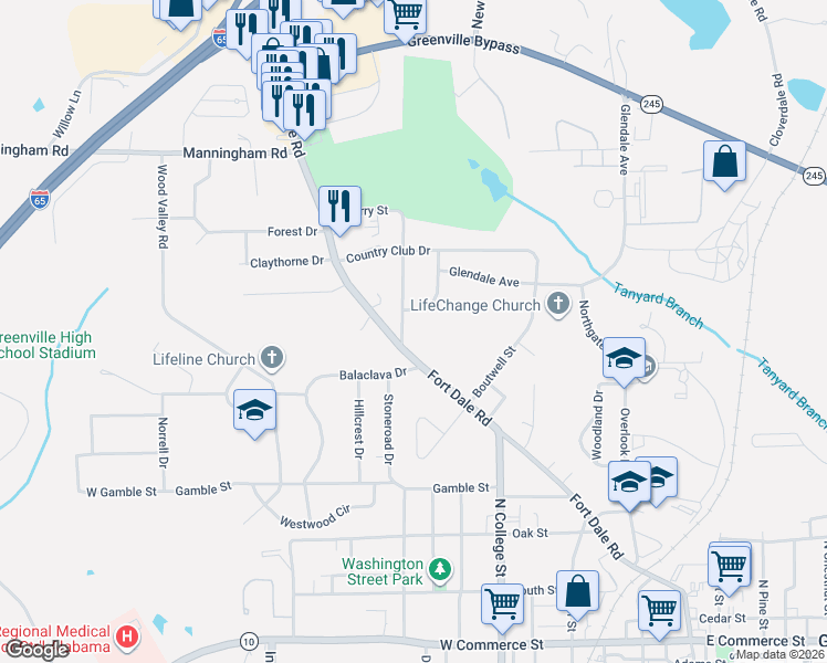 map of restaurants, bars, coffee shops, grocery stores, and more near 101 Redbud Lane in Greenville