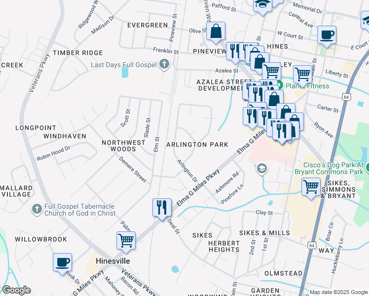 map of restaurants, bars, coffee shops, grocery stores, and more near 504 Waverly Court in Hinesville