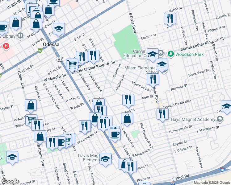 map of restaurants, bars, coffee shops, grocery stores, and more near 401 Marland Street in Odessa