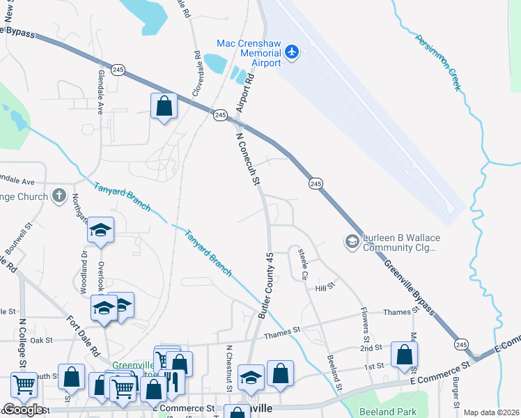 map of restaurants, bars, coffee shops, grocery stores, and more near 493-515 North Conecuh Street in Greenville