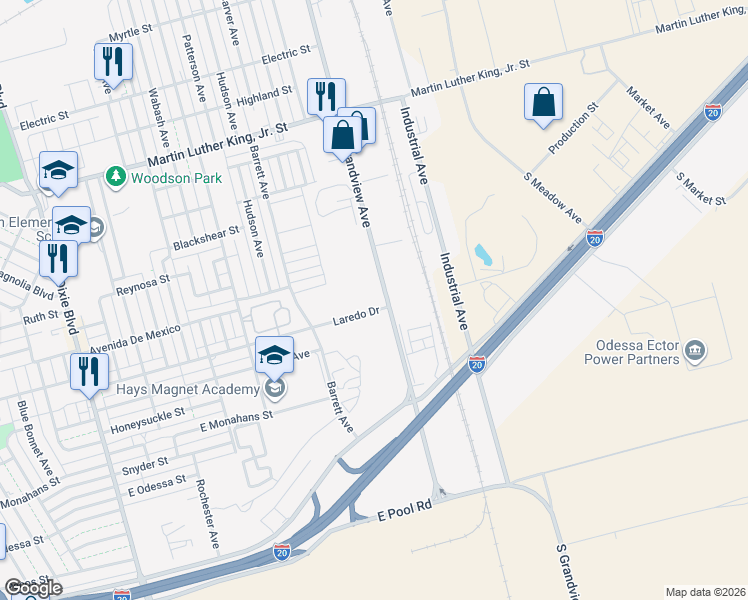 map of restaurants, bars, coffee shops, grocery stores, and more near 1100 South Grandview Avenue in Odessa