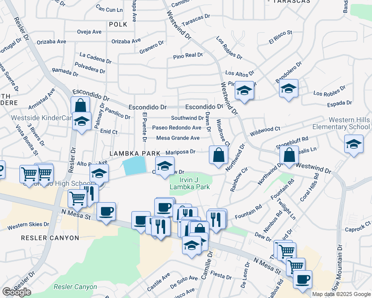 map of restaurants, bars, coffee shops, grocery stores, and more near 6637 Mariposa Drive in El Paso
