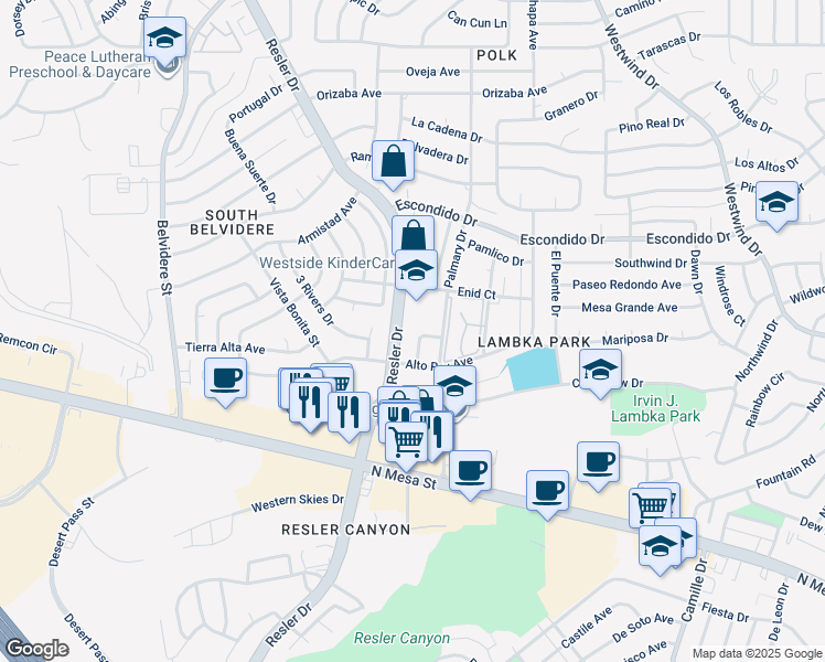 map of restaurants, bars, coffee shops, grocery stores, and more near 223 Moon River Street in El Paso