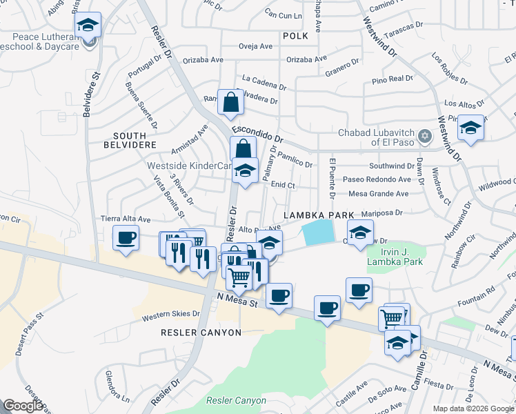 map of restaurants, bars, coffee shops, grocery stores, and more near 217 Palmary Drive in El Paso