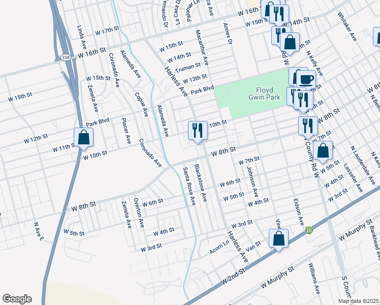 map of restaurants, bars, coffee shops, grocery stores, and more near 2510 West 8th Street in Odessa