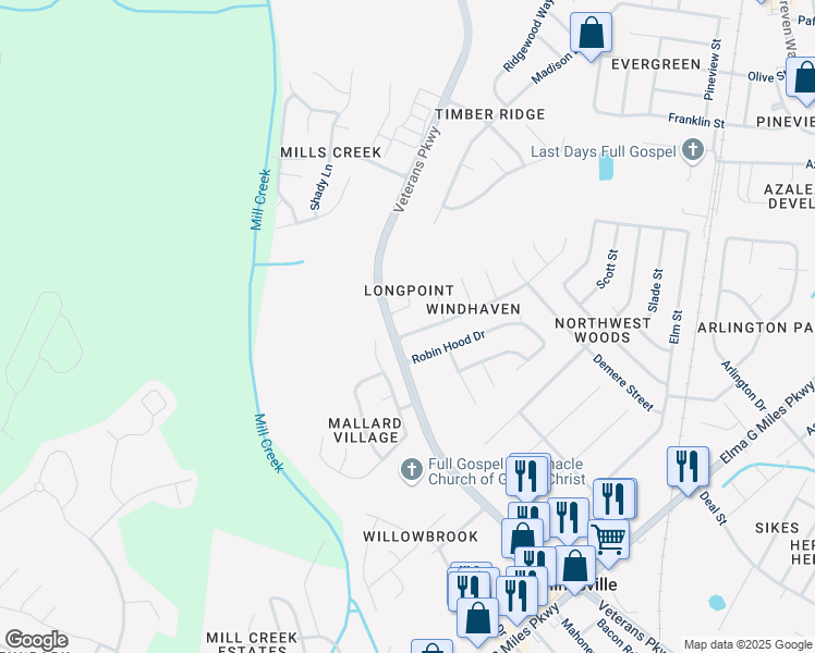 map of restaurants, bars, coffee shops, grocery stores, and more near 602 Windhaven Drive in Hinesville