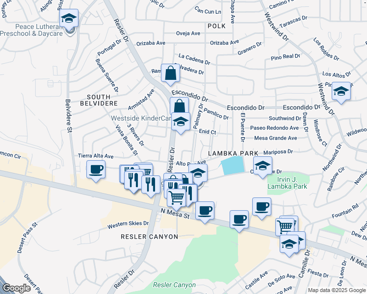 map of restaurants, bars, coffee shops, grocery stores, and more near 223 Moon River Street in El Paso