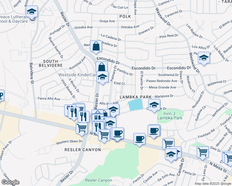 map of restaurants, bars, coffee shops, grocery stores, and more near 6938 Alto Rey Avenue in El Paso